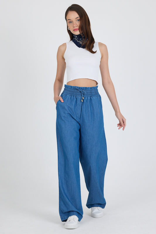 Beli Lastikli Bol Paça Cepli Pamuk Kadın Kot Pantolon 5031