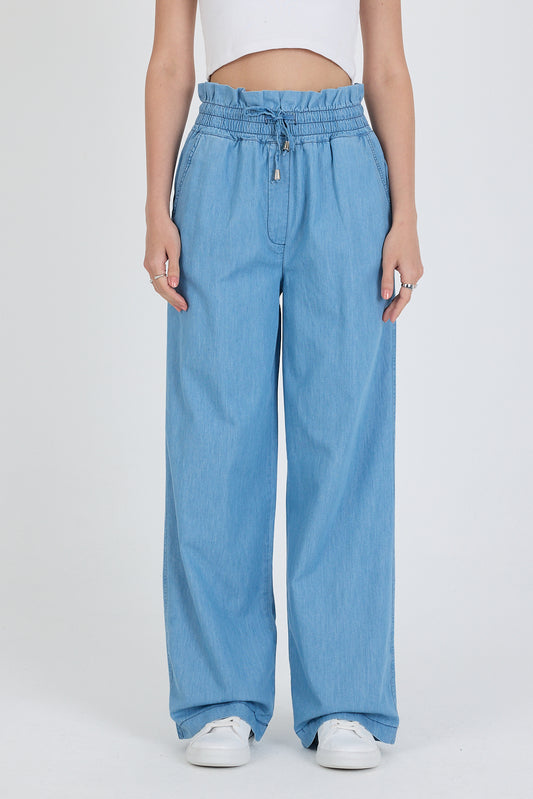 Beli Lastikli Bol Paça Cepli Pamuk  Kadın Kot  Pantolon 5031