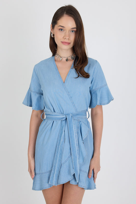 Kadın Kruvaze Önden Bağlamalı Kemerli Kot Görünümlü Elbise 1448