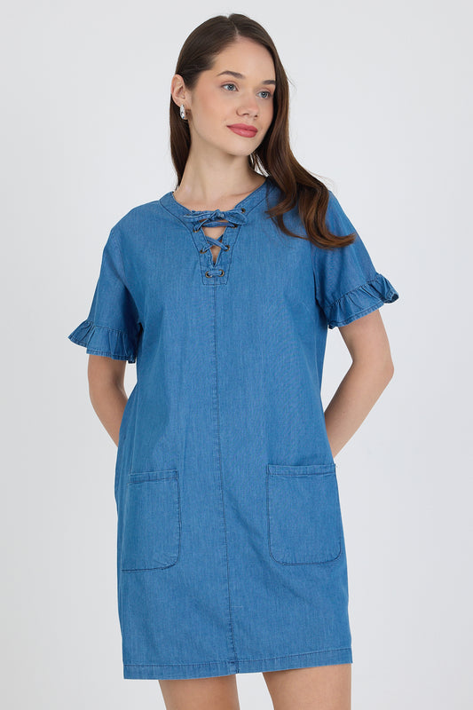 Kadın Önü Cepli Göğüs Bağcıklı Kot Stil Salopet Elbise 1449