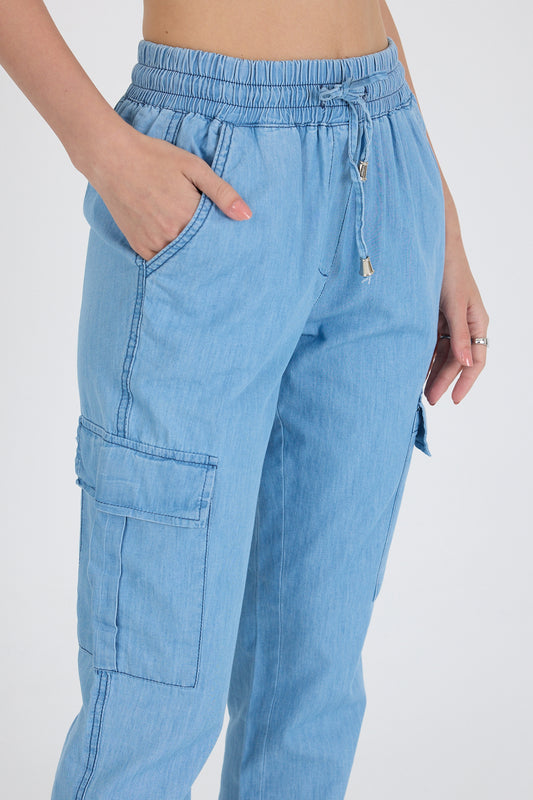 Yanı Kargo Cepli Paça Lastikli Kot Kadın Pantolon 5041