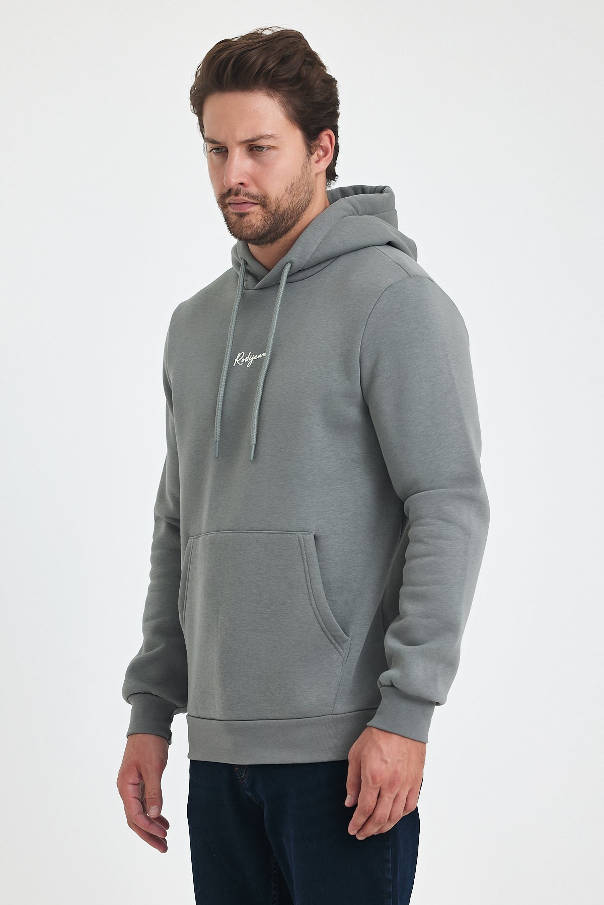 3 Thread Ribbed Hooded Printed Pocket Sweatshirt 5281