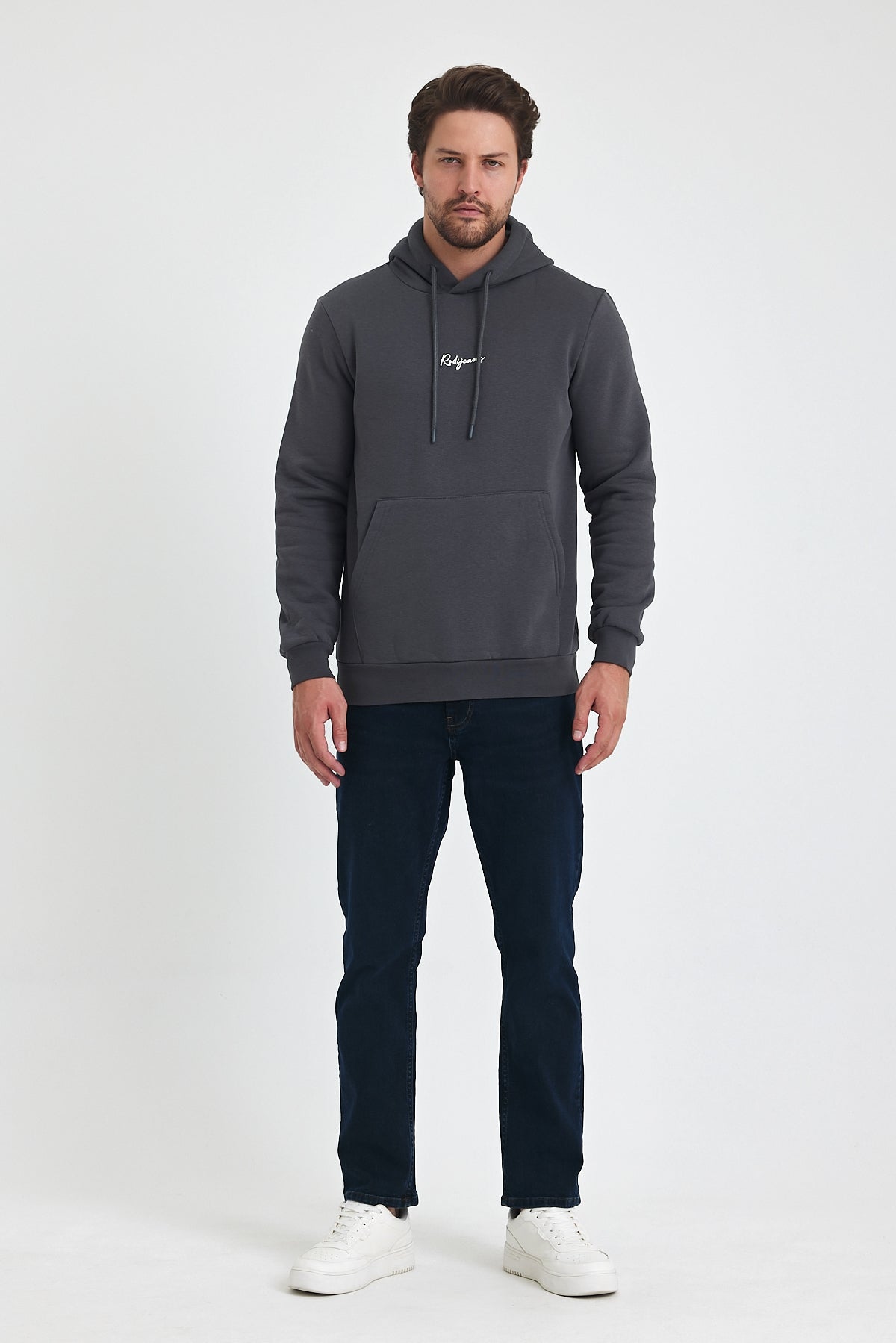 3 Thread Ribbed Hooded Printed Pocket Sweatshirt 5281