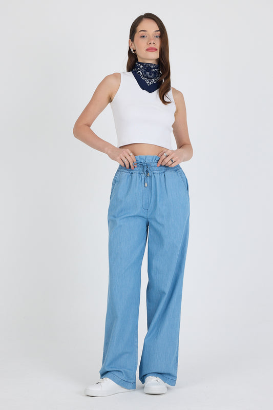 Beli Lastikli Bol Paça Cepli Pamuk  Kadın Kot  Pantolon 5031