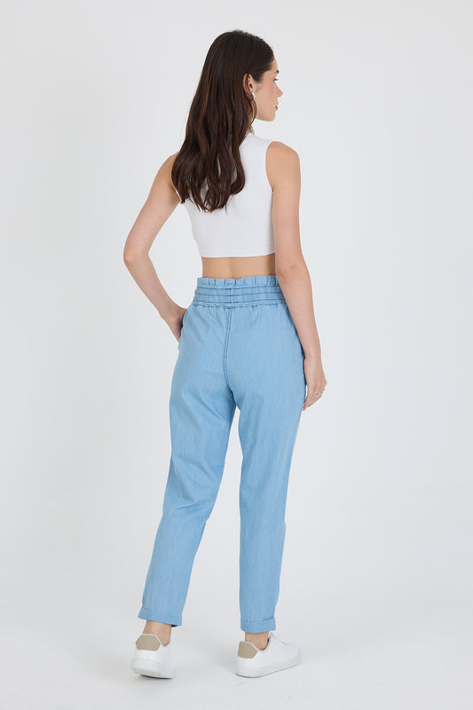 Beli Lastikli Duble Paça Bağcıklı Pamuk Kot Kadın Pantolon 5011