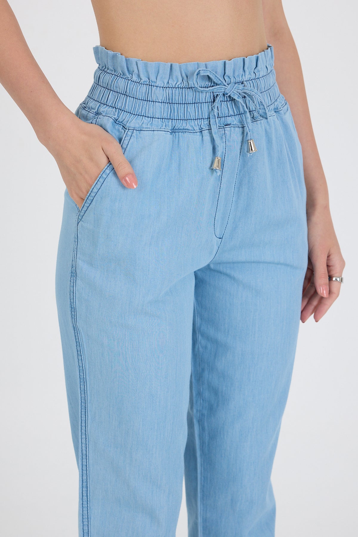 Beli Lastikli Duble Paça Bağcıklı Pamuk Kot Kadın Pantolon 5011
