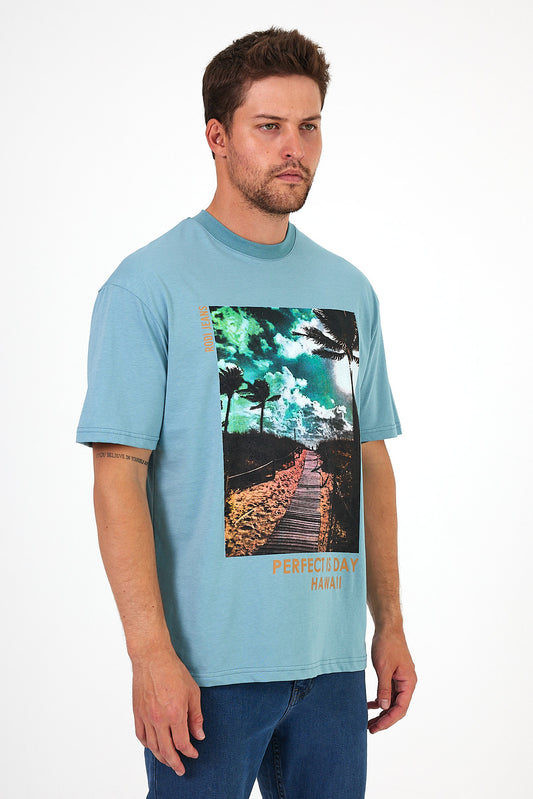 Erkek Bisiklet Yaka Hawaıı Baskılı T-shirt 7021