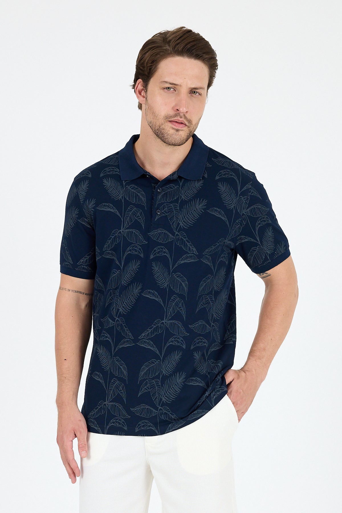 Regular Fit Pamuk Polo Yaka Kısa Kollu Desenli Erkek Tişört 0033