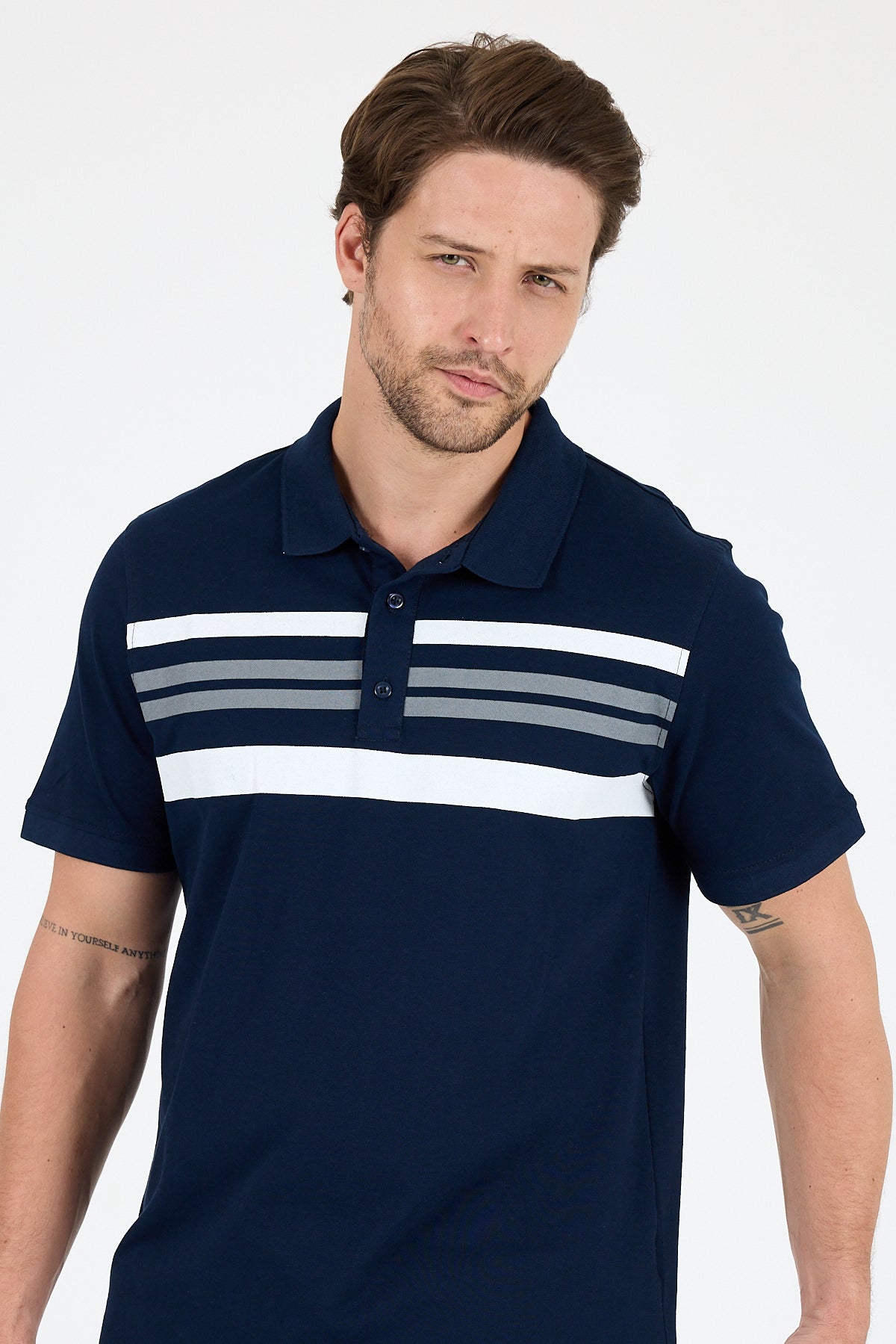 Regular Fit Pamuk Polo Yaka Kısa Kollu Önü Çizgili Pike Erkek Tişört 0035