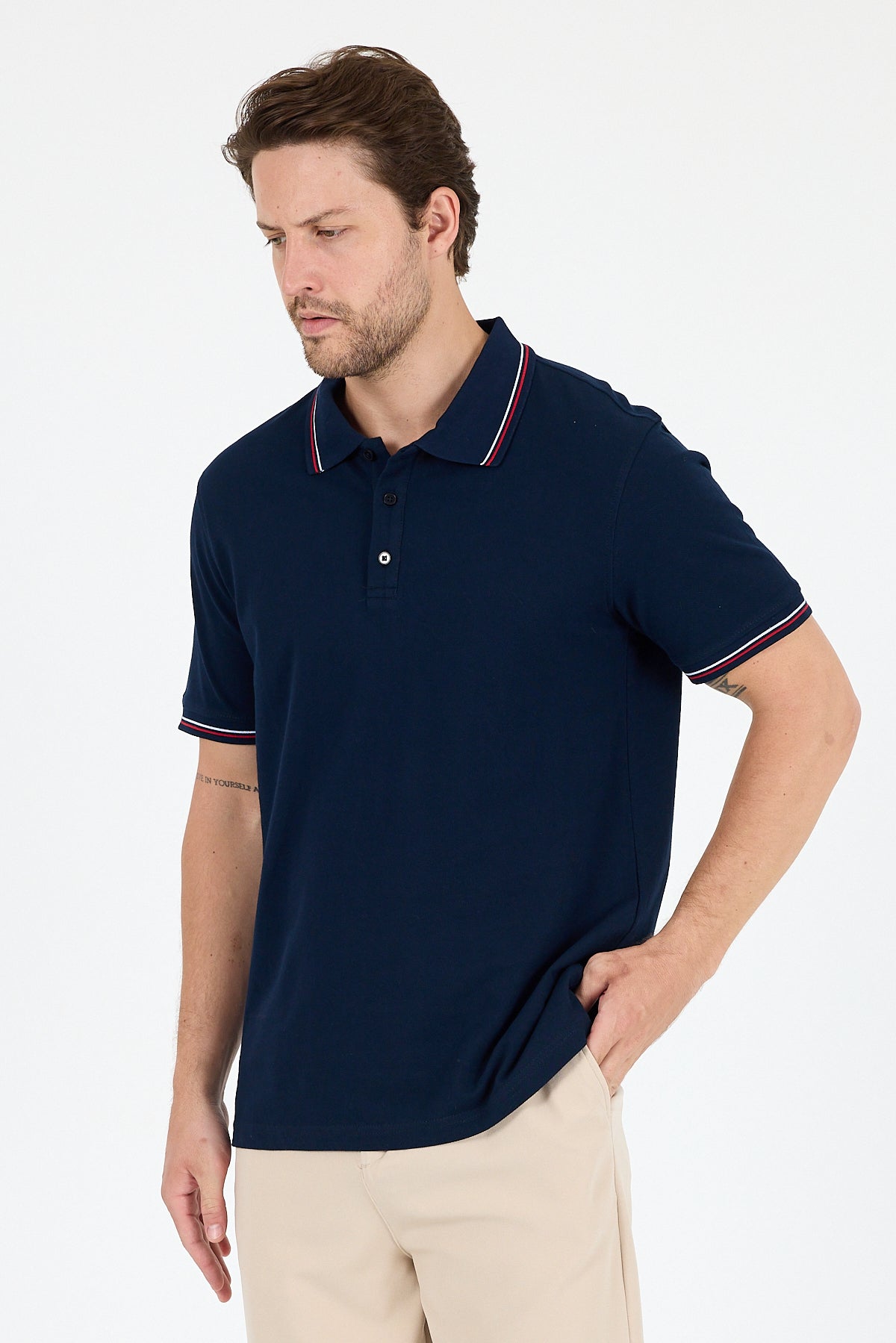 Regular Fit Pamuk Polo Yaka Kısa Kollu Yaka Ve Kol Rıbanası Çizgili Erkek Tişört 0039