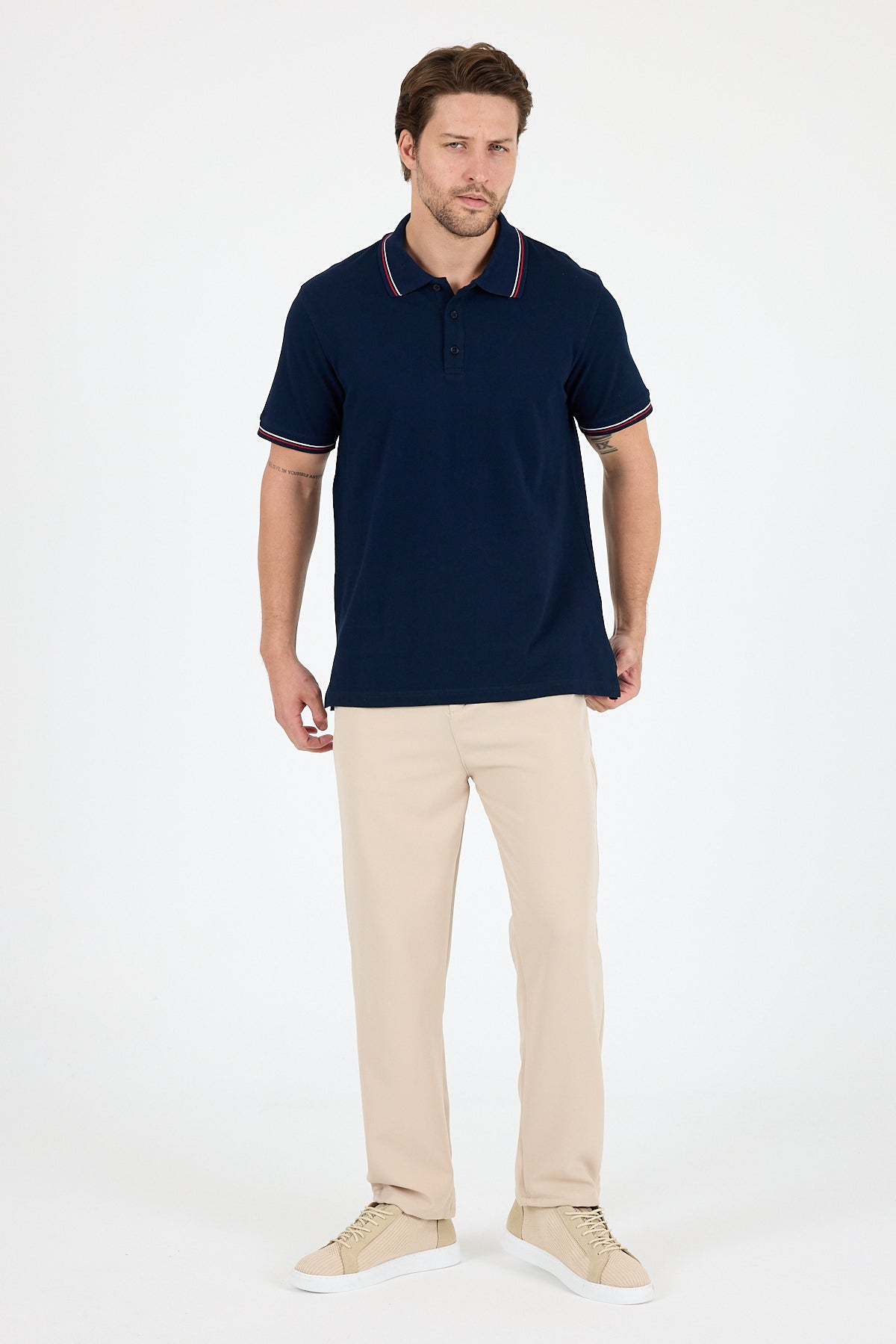 Regular Fit Pamuk Polo Yaka Kısa Kollu Yaka Ve Kol Rıbanası Çizgili Erkek Tişört 0039