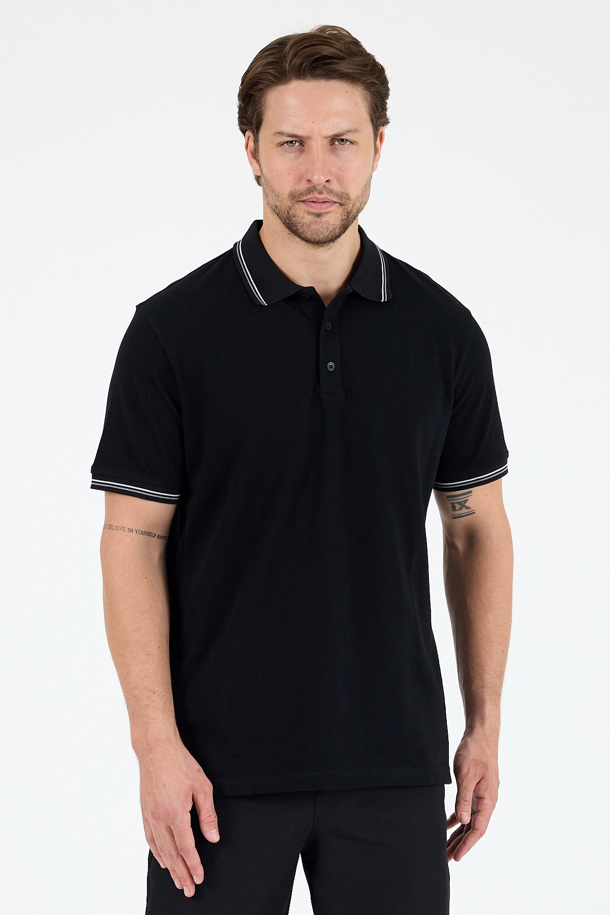 Regular Fit Pamuk Polo Yaka Kısa Kollu Yaka Ve Kol Rıbanası Çizgili Erkek Tişört 0039