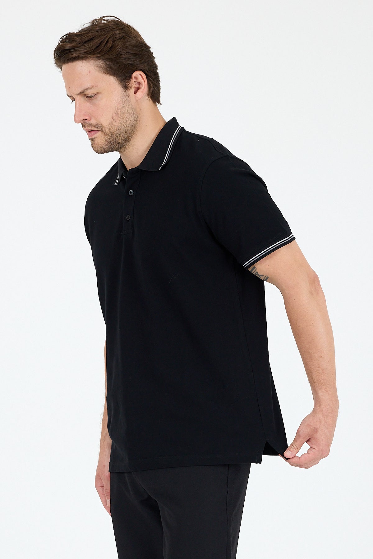 Regular Fit Pamuk Polo Yaka Kısa Kollu Yaka Ve Kol Rıbanası Çizgili Erkek Tişört 0039