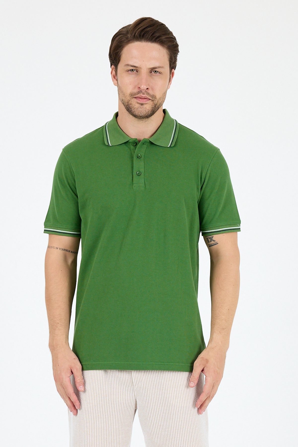Regular Fit Pamuk Polo Yaka Kısa Kollu Yaka Ve Kol Rıbanası Çizgili Erkek Tişört 0039