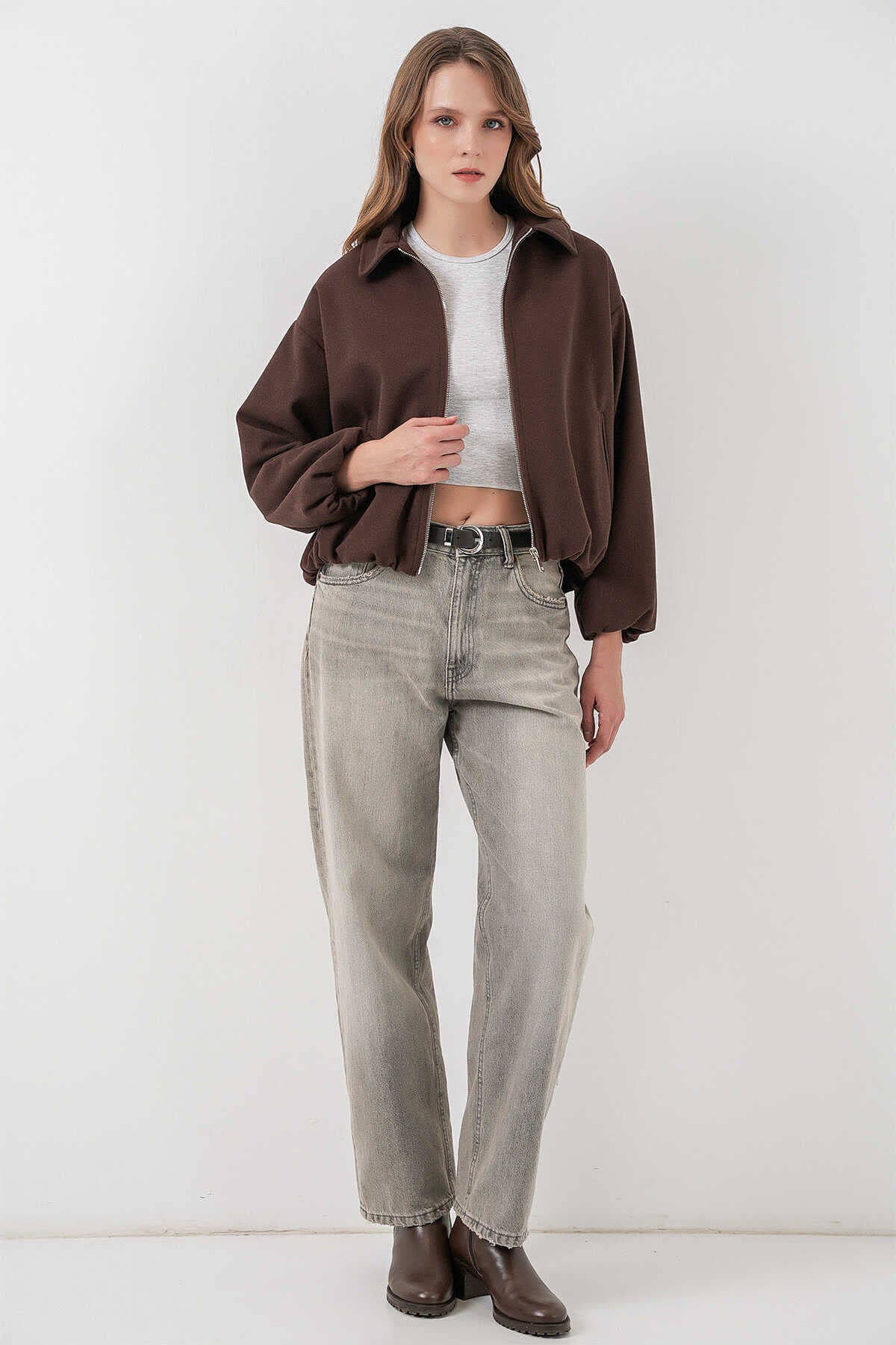 Kadın Büzgülü Oversize Kaşe Ceket 0728