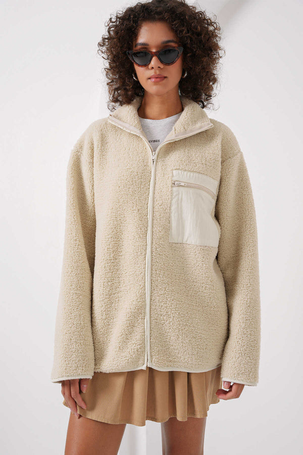 Kadın Fermuarlı Oversize Peluş Ceket  55446