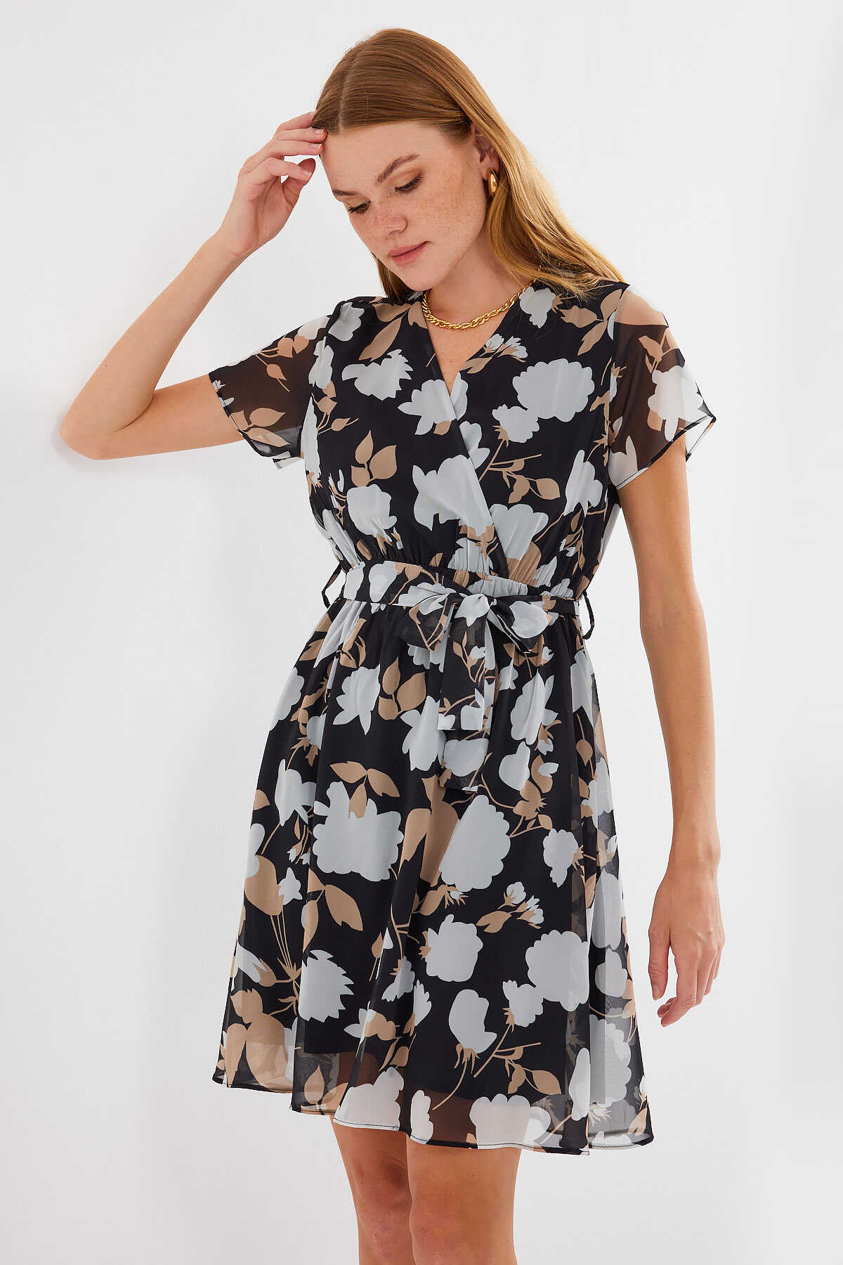 Women's 2502 Short Sleeve Patterned Chiffon Dress