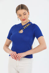 Women's Short Sleeve Accessoryed Ribbed Knitwear Bady 2471