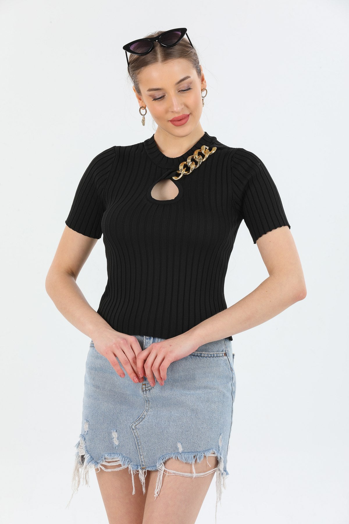 Women's Short Sleeve Accessoryed Ribbed Knitwear Bady 2471