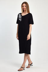 Women's Right Chest Embroidered Combed Cotton Dress 1040