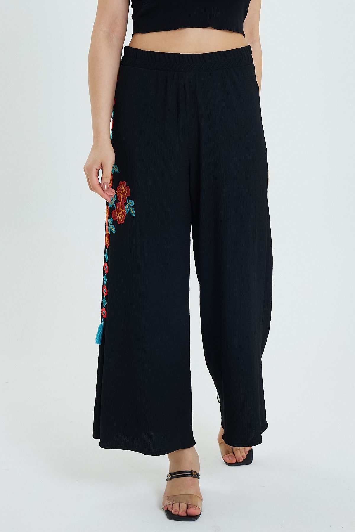 Women's Side Embroidered Wide Leg Trousers 914