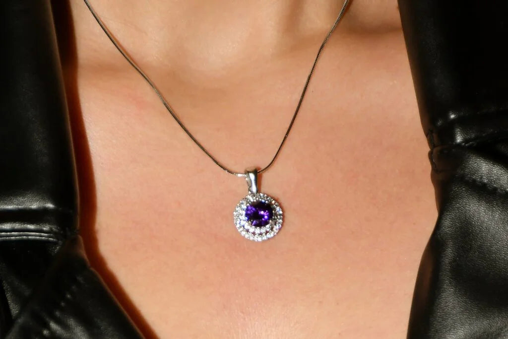 Oval Safir Taşlı Kolye+Küpe+Yüzük (Mor)