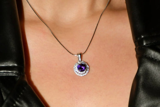 Oval Safir Taşlı Kolye+Küpe+Yüzük (Mor)