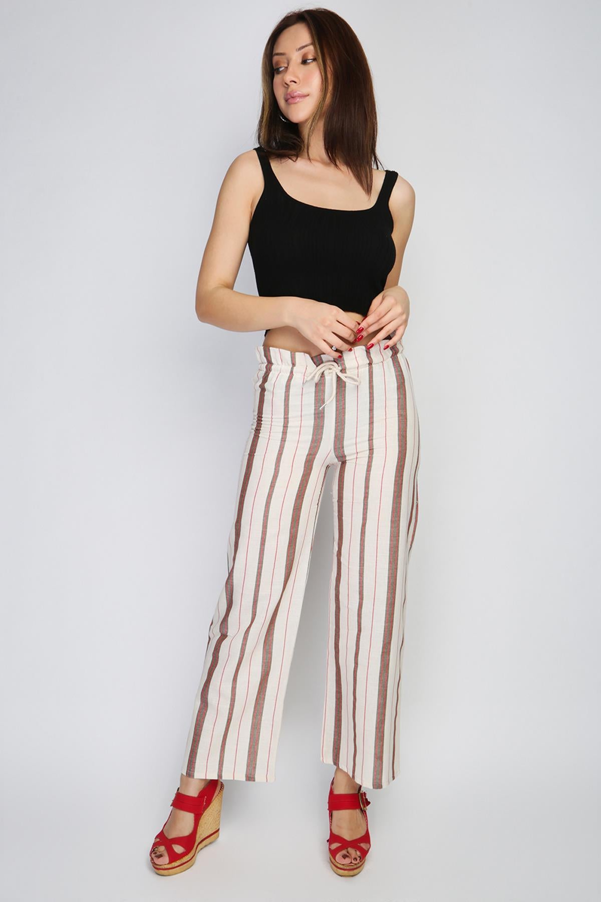 Rodi Women's Striped Elastic Waist Wide Leg Trousers RD21YB010155