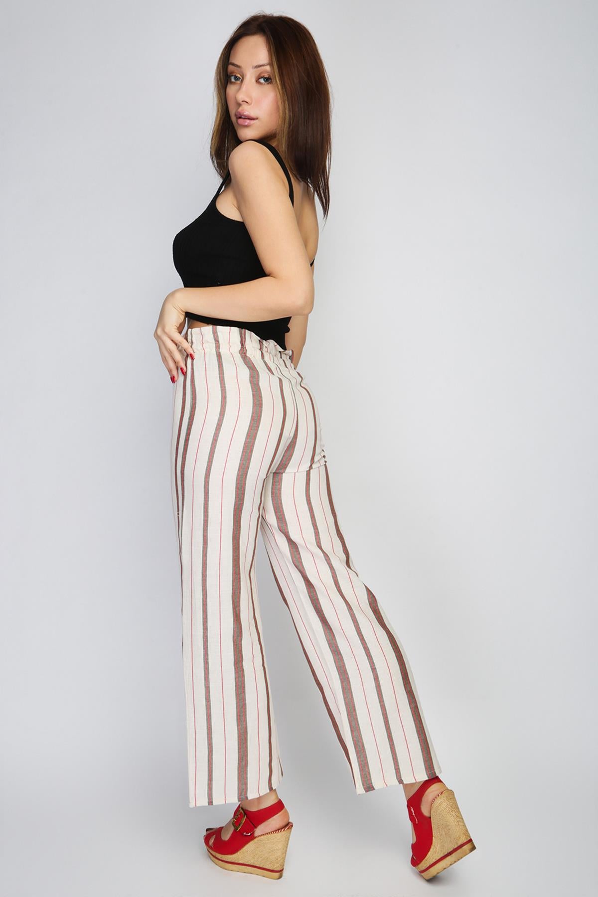 Rodi Women's Striped Elastic Waist Wide Leg Trousers RD21YB010155