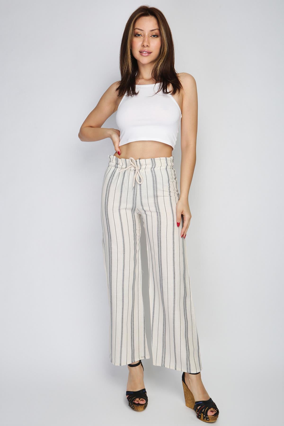 Rodi Women's Striped Elastic Waist Wide Leg Trousers RD21YB010155