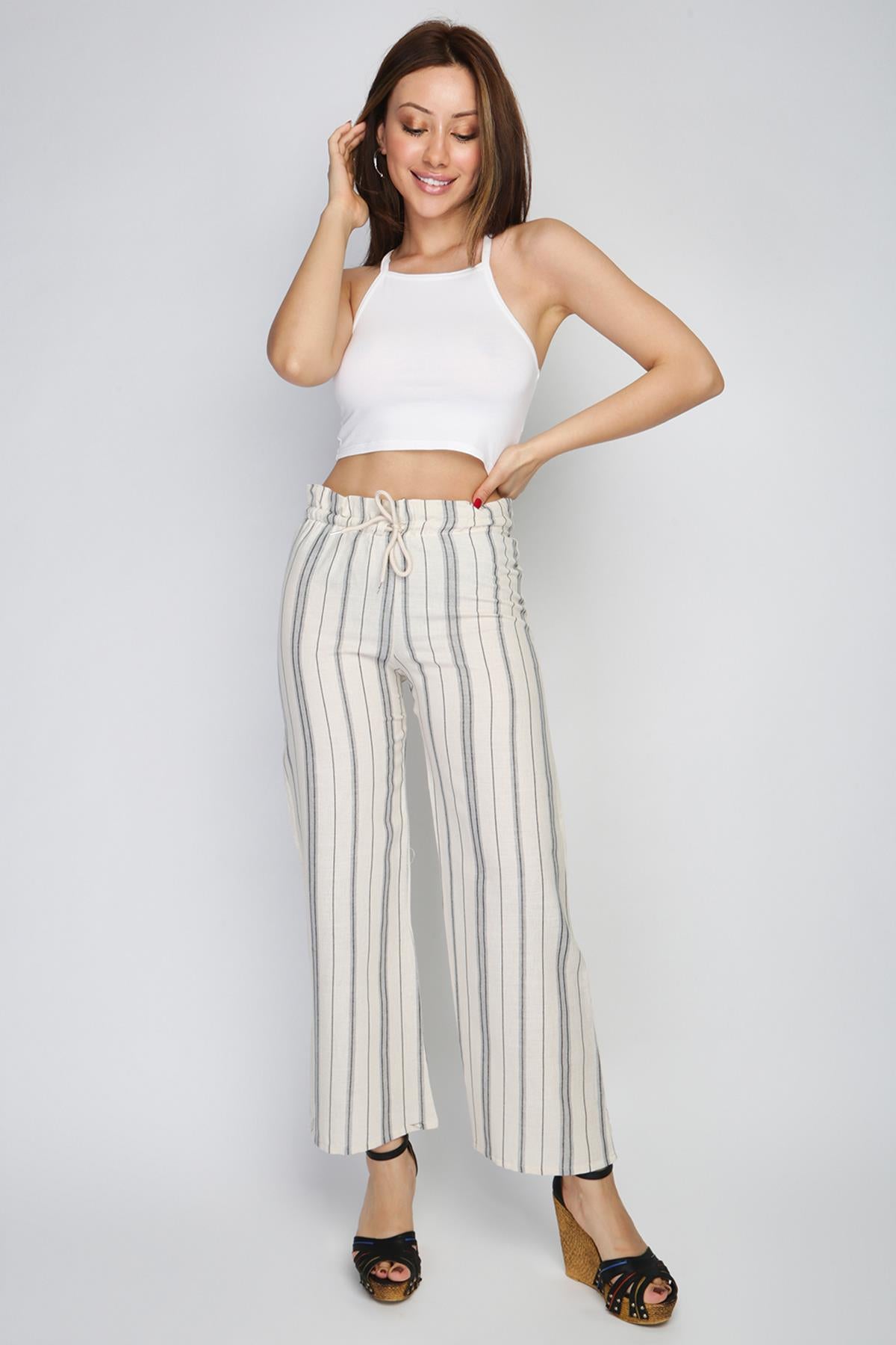 Rodi Women's Striped Elastic Waist Wide Leg Trousers RD21YB010155