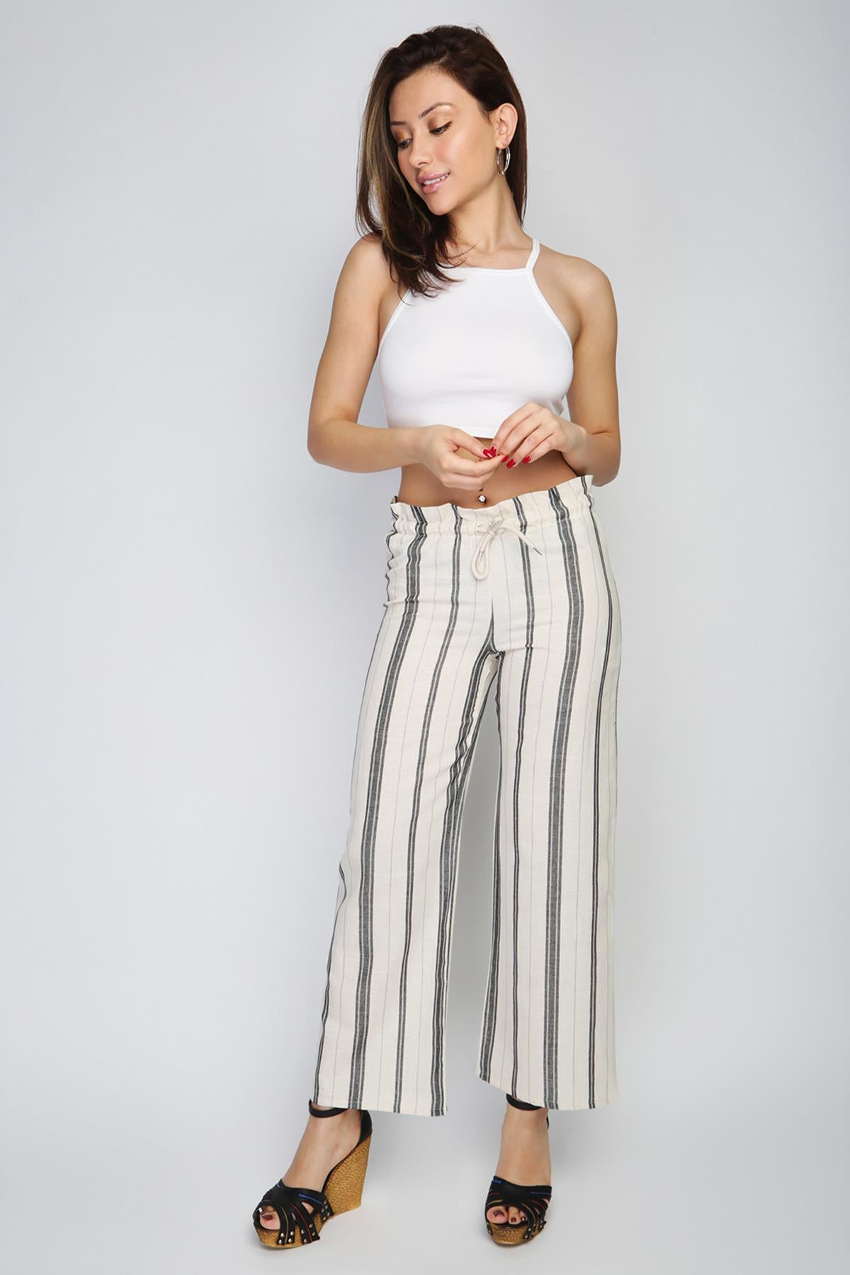 Rodi Women's Striped Elastic Waist Wide Leg Trousers RD21YB010155