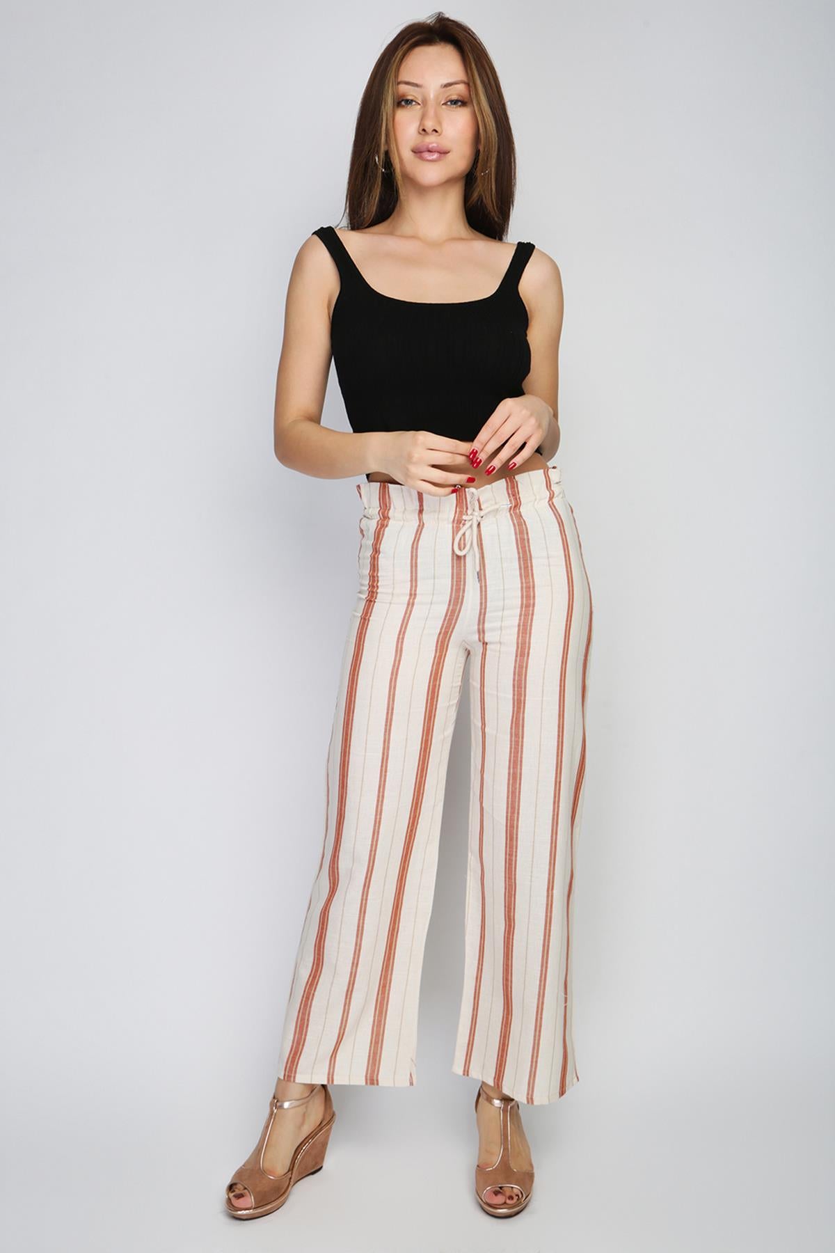 Rodi Women's Striped Elastic Waist Wide Leg Trousers RD21YB010155