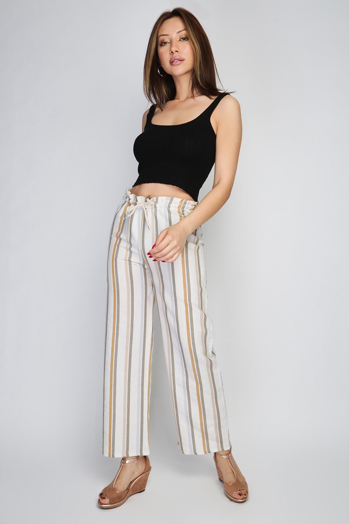 Rodi Women's Medium Striped Elastic Waist Wide Leg Trousers RD21YB010122