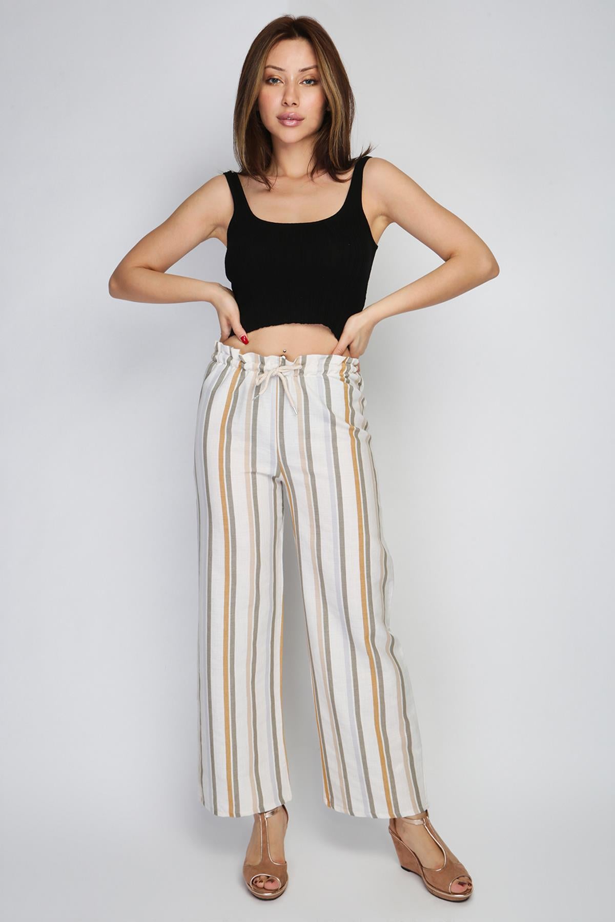 Rodi Women's Medium Striped Elastic Waist Wide Leg Trousers RD21YB010122