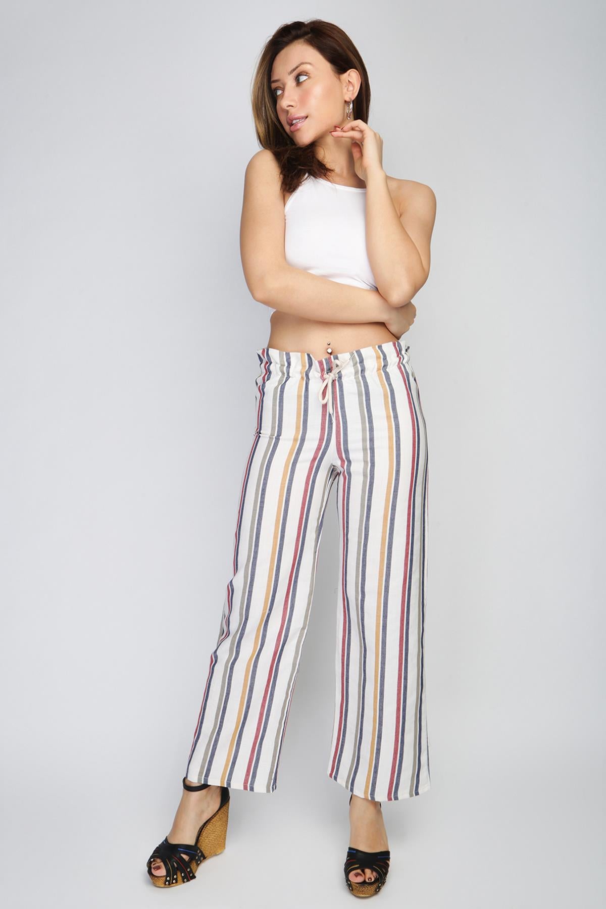 Rodi Women's Medium Striped Elastic Waist Wide Leg Trousers RD21YB010122