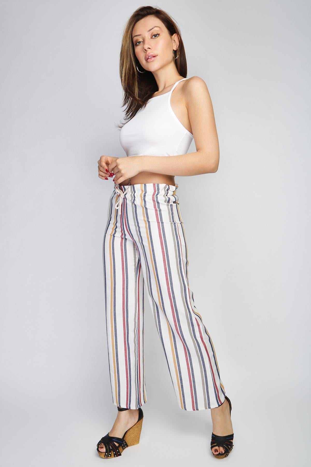 Rodi Women's Medium Striped Elastic Waist Wide Leg Trousers RD21YB010122