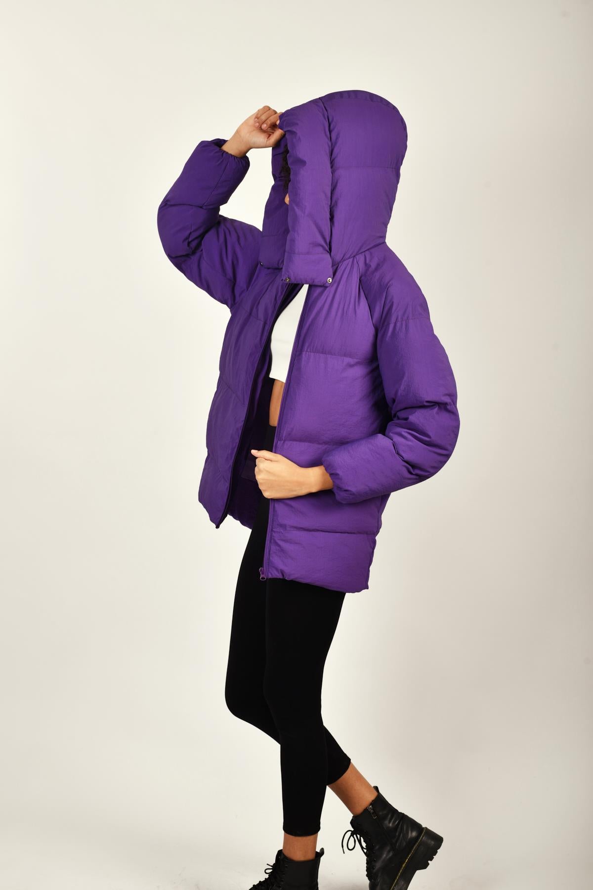 Rodi Oversize Kapüşonlu Düz Uzun Kollu Kadın Şişme Mont RD23KB020584
