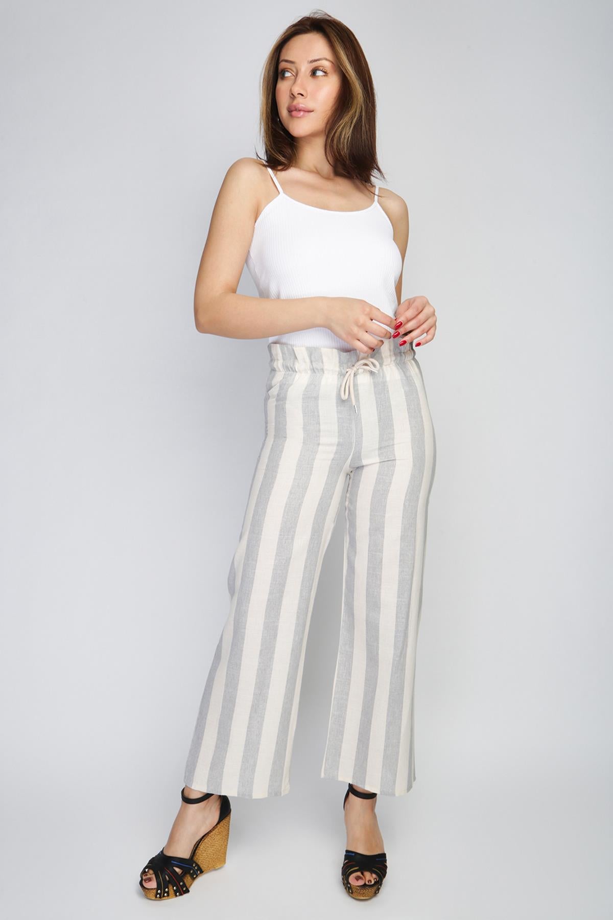 Rodi Rodi Women's Wide Striped Elastic Waist Wide Leg Trousers RD21YB010111