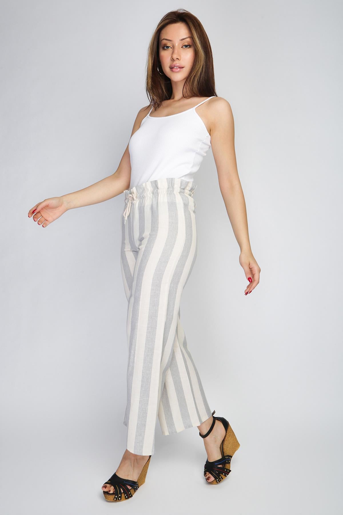 Rodi Rodi Women's Wide Striped Elastic Waist Wide Leg Trousers RD21YB010111