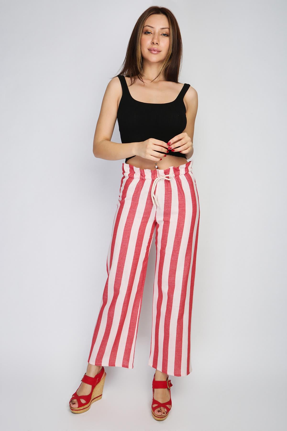 Rodi Rodi Women's Wide Striped Elastic Waist Wide Leg Trousers RD21YB010111